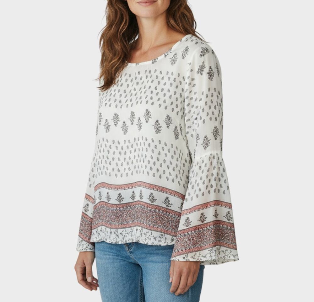 Lily Star Womens Blouse Lightweight Gray White Print Medium Polyester